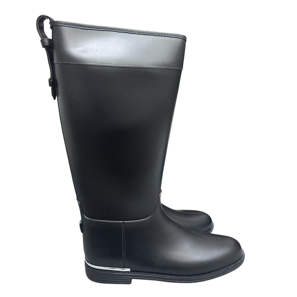 Qupid Boots Womens 10 M Tall Black‎ Rubber Pull On Almond Toe Block Heels Casual